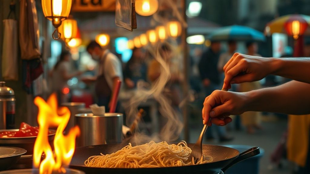 street food vendor flipping a wok