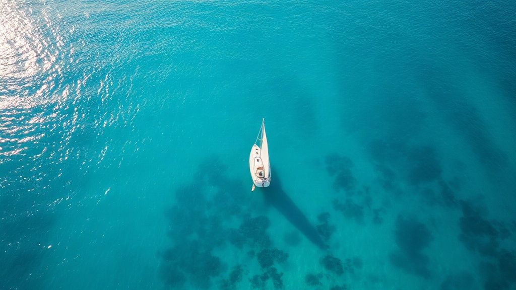 drone shot of a turquoise coastline